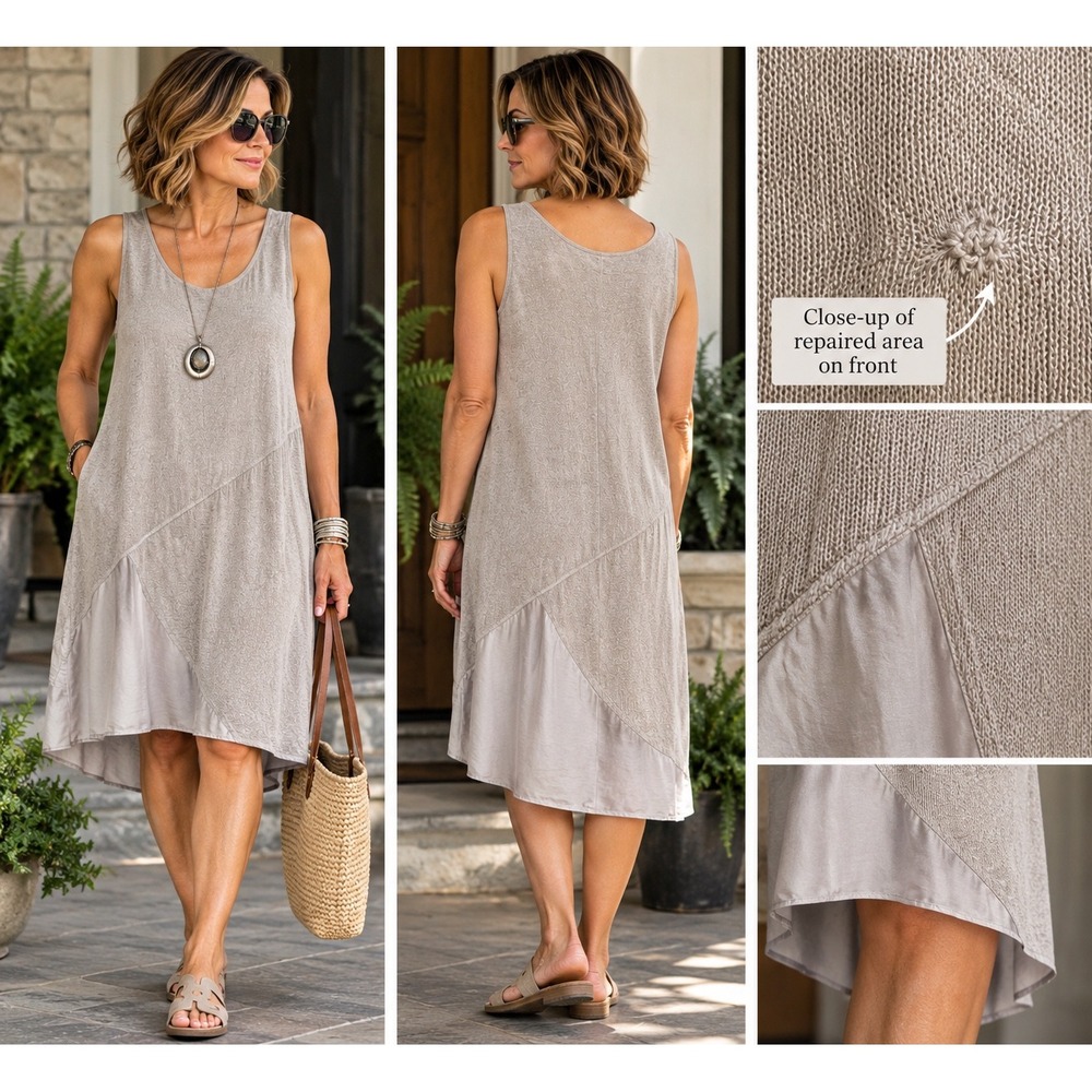 Eileen Fisher L Gray Linen Silk High Low Midi Dress Sleeveless Minimalist
